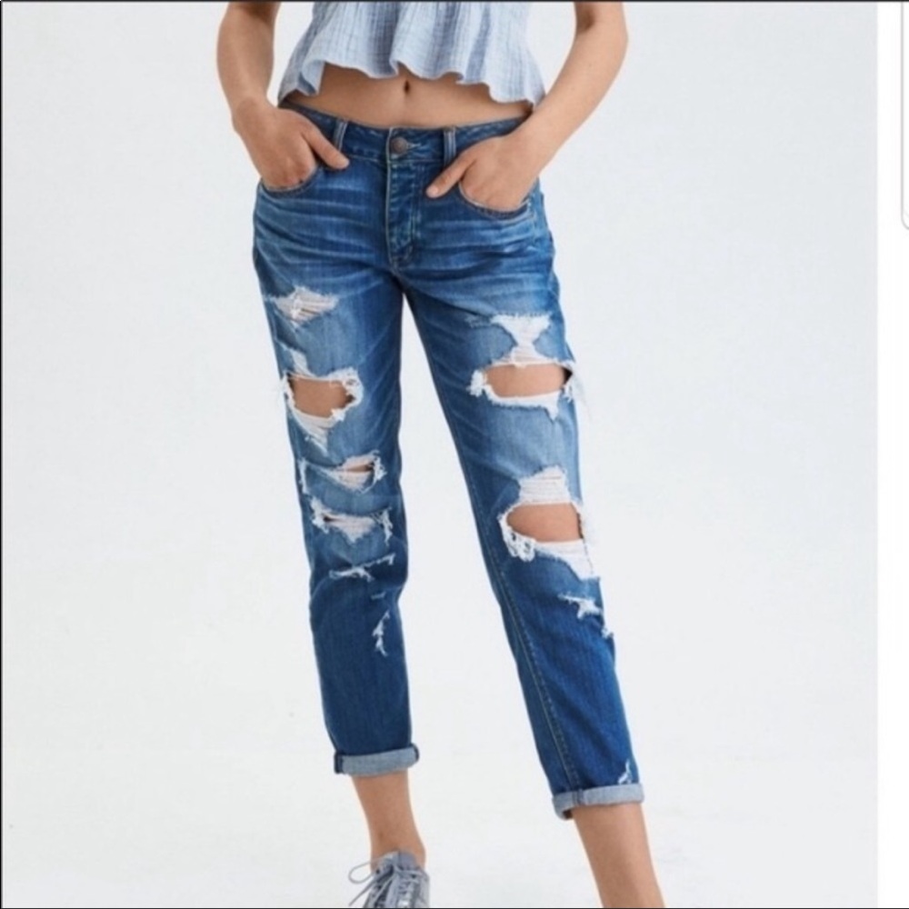 American Eagle Tomgirl Distressed Jeans Dark Wash Sz 0 Relaxed Straight Boho